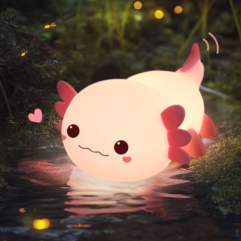 AxolotlGlow – Lámpara LED de noche en forma de axolote con un brillo centelleante para una atmósfera relajante