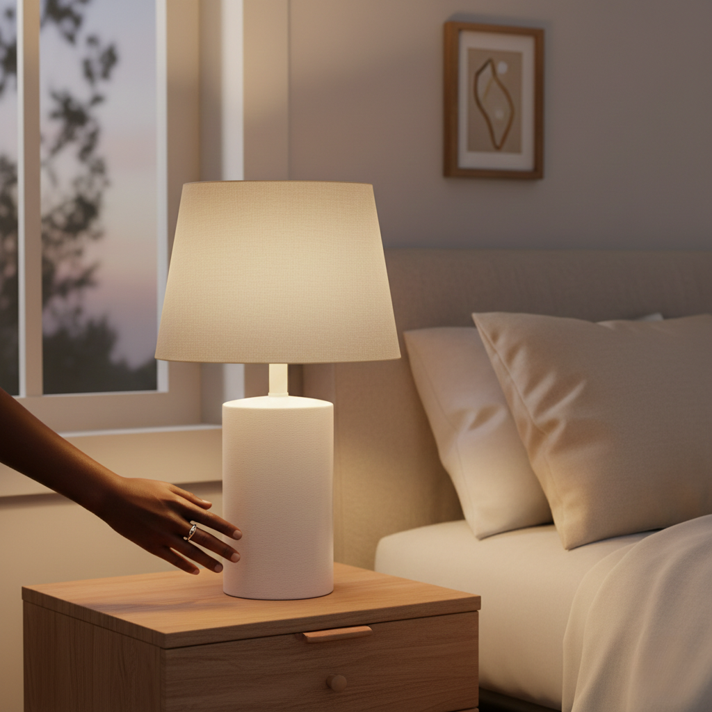 Lámpara de mesa de cerámica blanca con base cilíndrica y pantalla cónica de tela