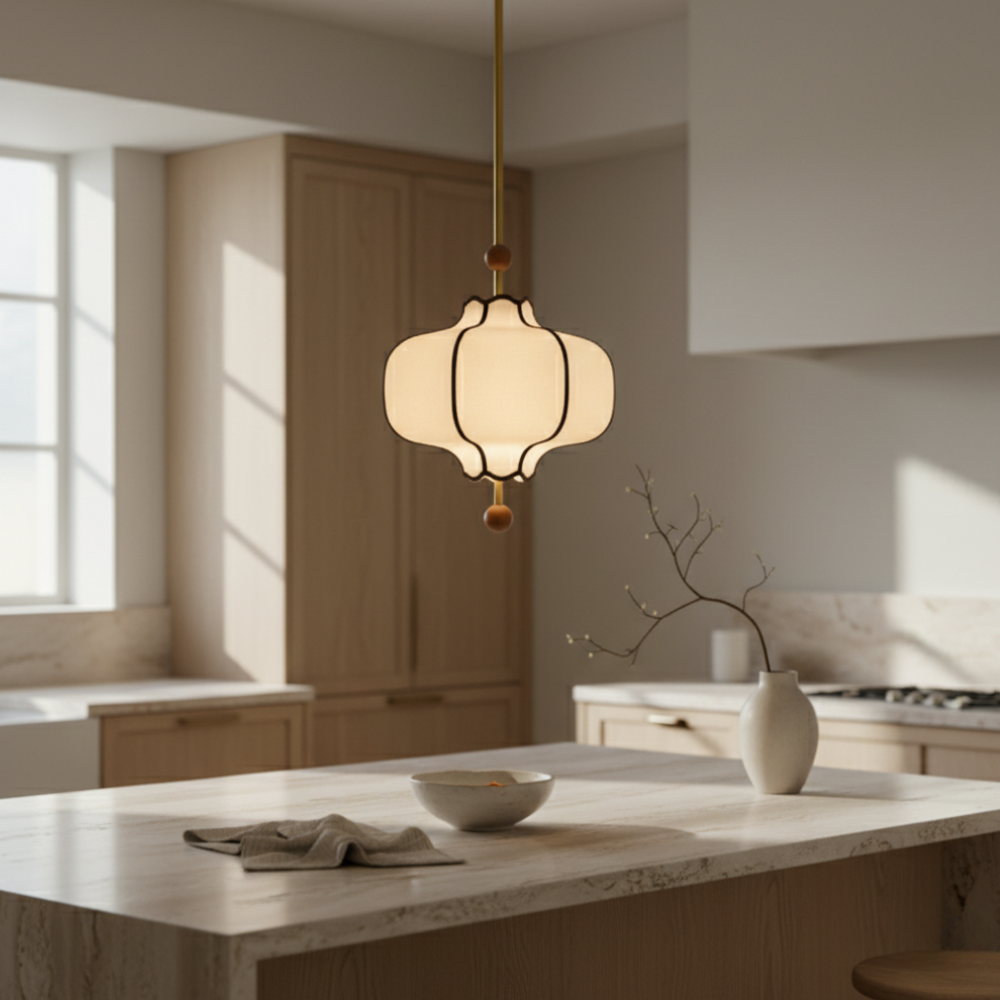 Lanora | Elegante Lámpara Colgante de Tela Moderna para Cocina con Acabados en Nogal