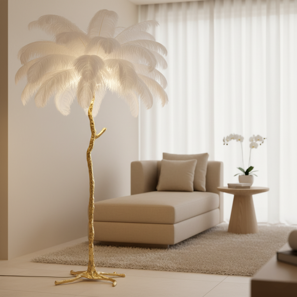 Lámpara de Pie con Pantalla de Plumas Elegante - Lámpara de Trípode Moderna para Sala de Estar
