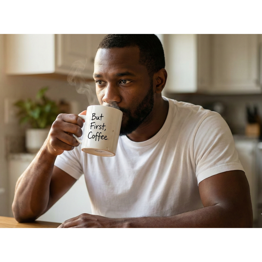 Taza de café de cerámica blanca con frase divertida