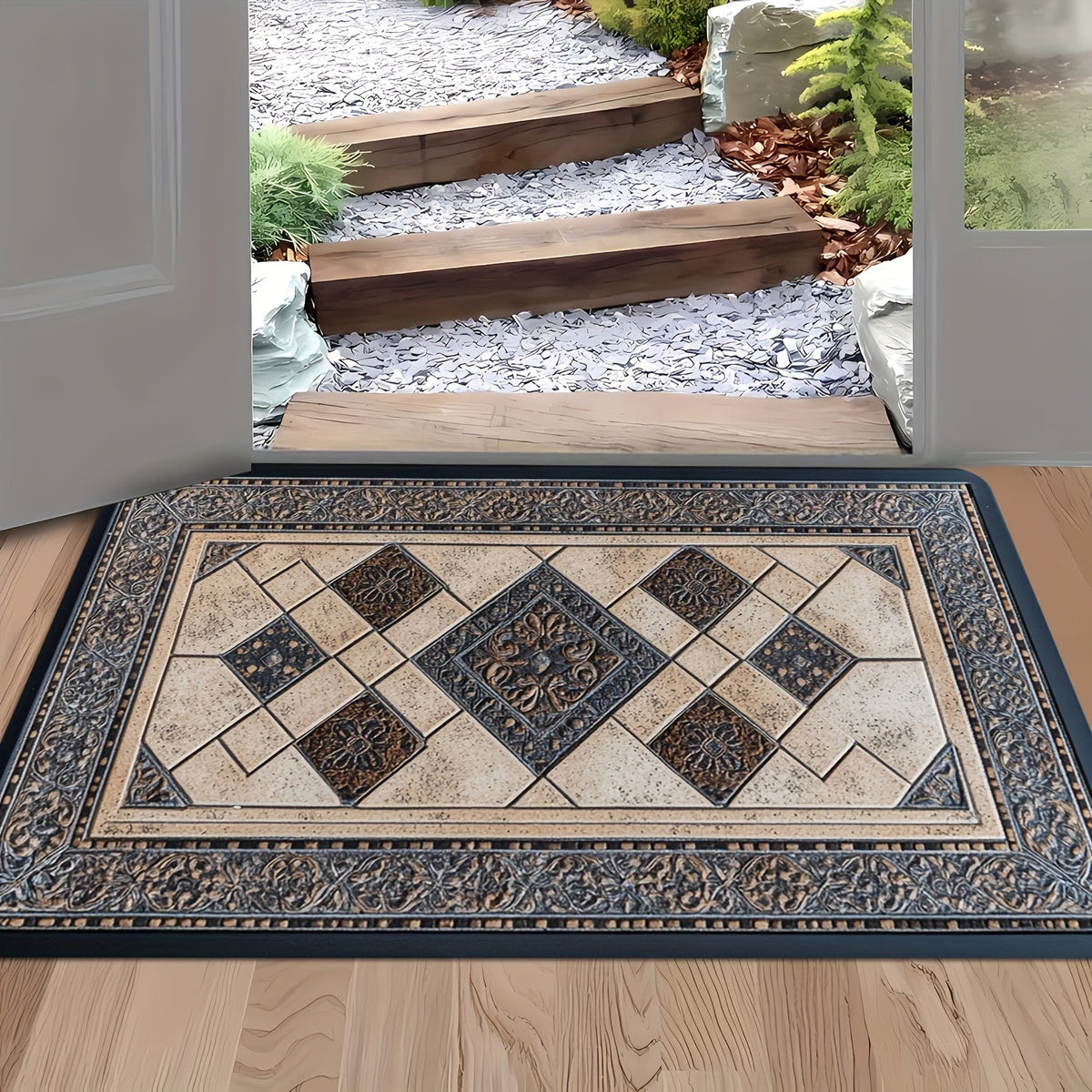 STYLEHAVEN - Alfombrilla de Entrada Lavable a Máquina con Borde Geométrico