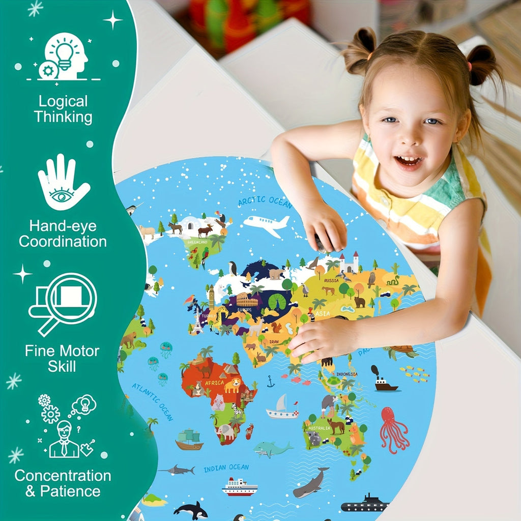 Rompecabezas de Piso de Animales de 70 Piezas – Diseño de Mapa Mundial Redondo para Niños