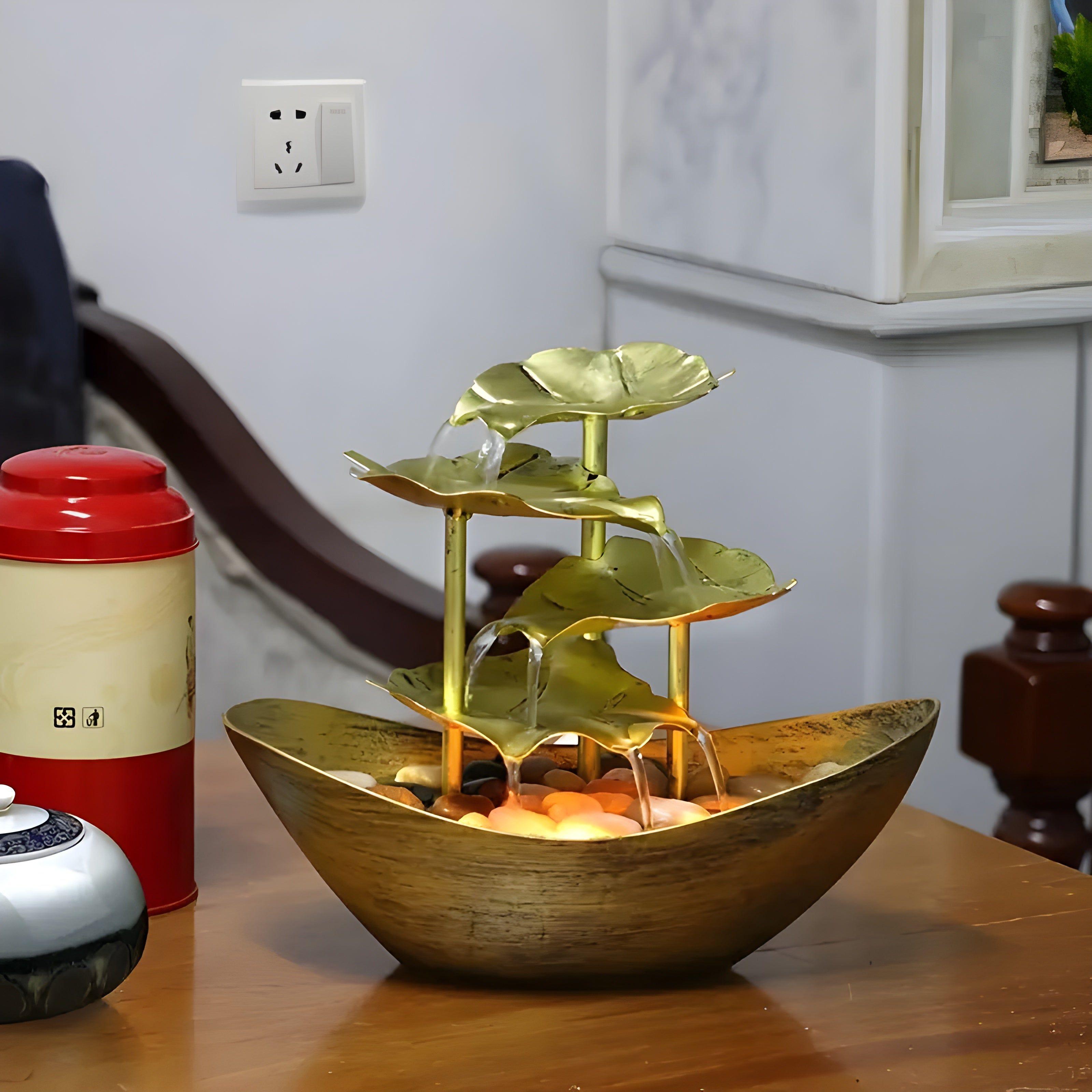 AquaAura - Fuente de Mesa con Luz LED Hecha de Hojas Relajantes