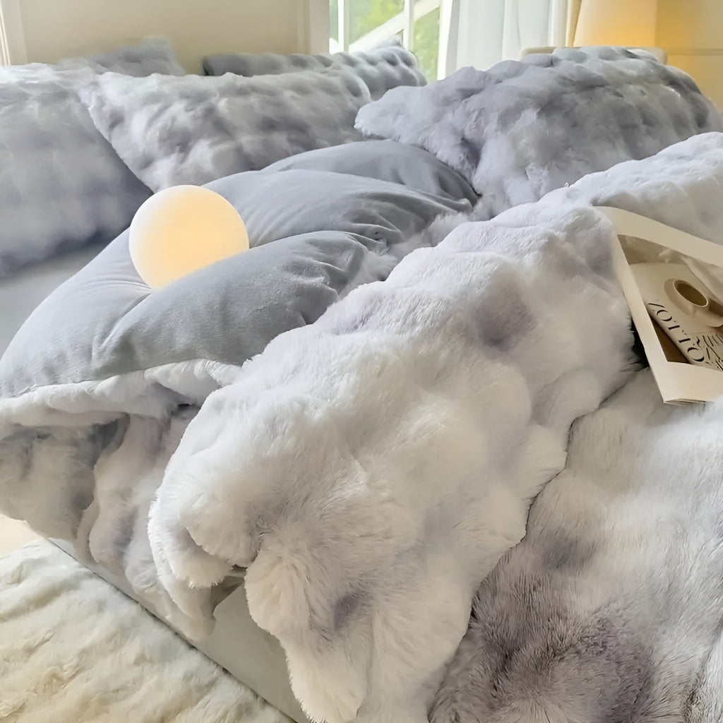 Conjunto de ropa de cama de terciopelo muy acogedor: cálido y suave para el otoño y el invierno | Diseño reversible en piel de conejo y terciopelo color leche