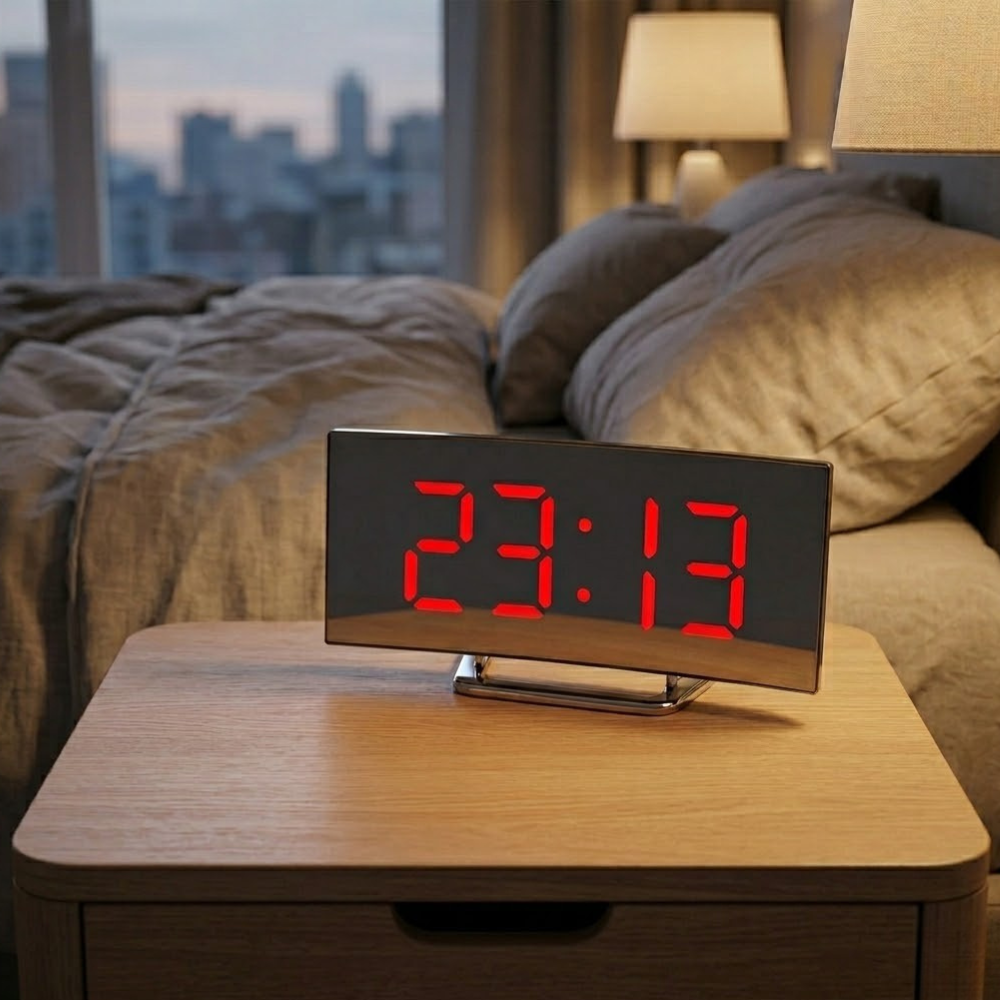 Reloj Despertador Digital LED Curvado y Elegante con Función de Regulación de Brillo