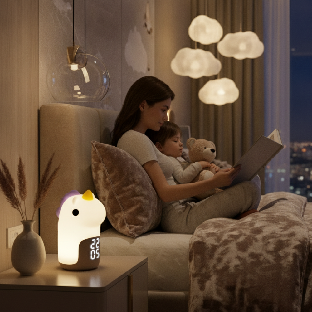 Luz Nocturna LED de Unicornio Mágico y Reloj Despertador para Niños