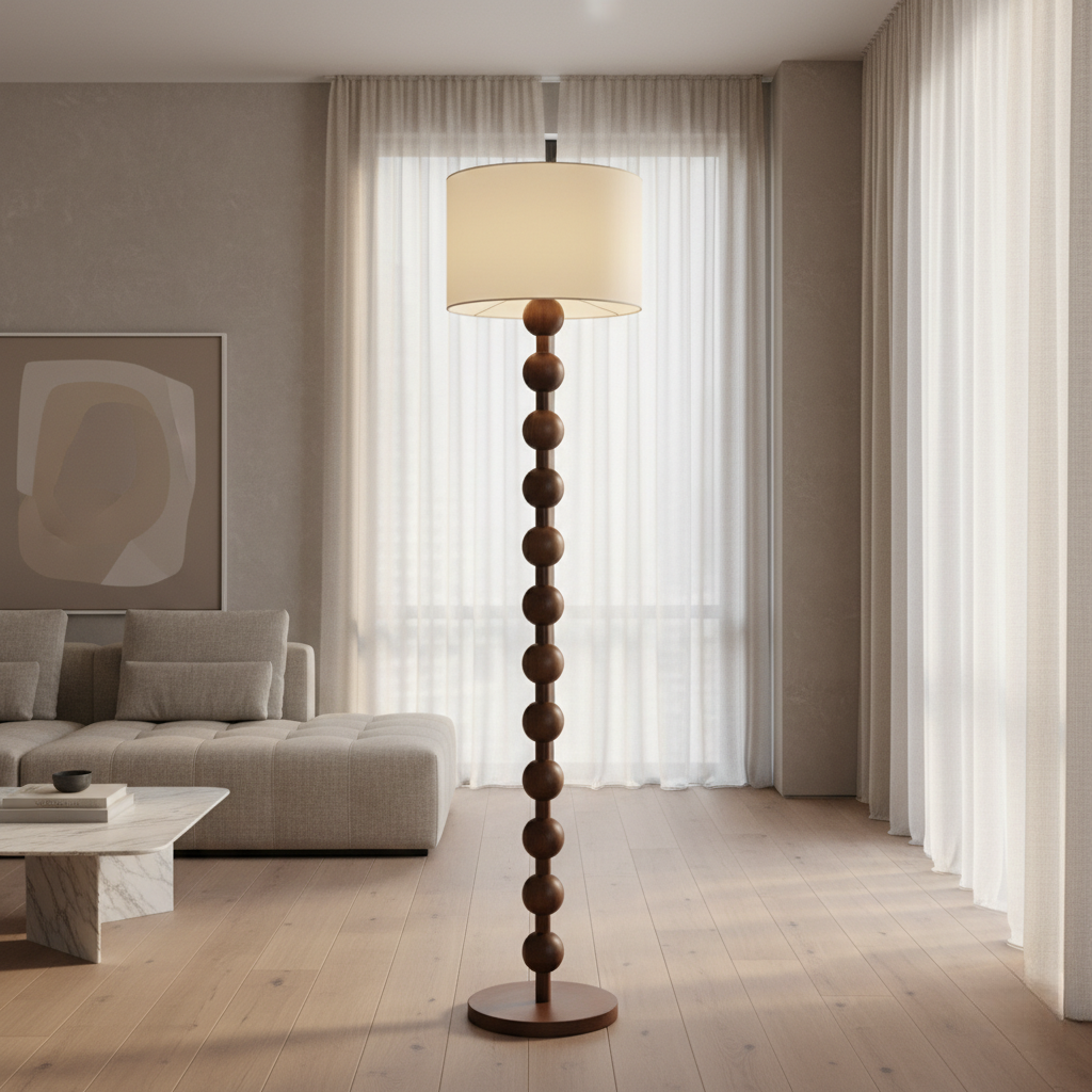Lámpara de Pie Escultural Hugo – Luz de Piso Moderna con Esferas de Madera para Espacios de Vida