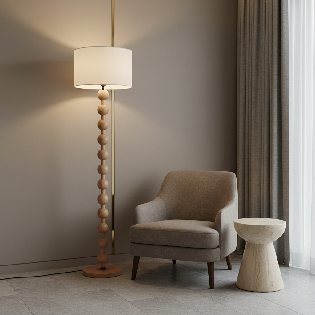 Lámpara de Pie Escultural Hugo – Luz de Piso Moderna con Esferas de Madera para Espacios de Vida