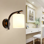 Aplique de vidrio blanco cilíndrico vintage de 1 cabeza, lámpara de pared de pasillo con brazo curvado en negro