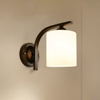 Aplique de vidrio blanco cilíndrico vintage de 1 cabeza, lámpara de pared de pasillo con brazo curvado en negro