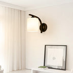 Aplique de vidrio blanco cilíndrico vintage de 1 cabeza, lámpara de pared de pasillo con brazo curvado en negro