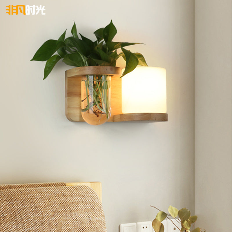 Lámpara de pared de cristal y madera Art Deco 1 bombilla montaje en pared luz con maceta de hidroponía | Brehn