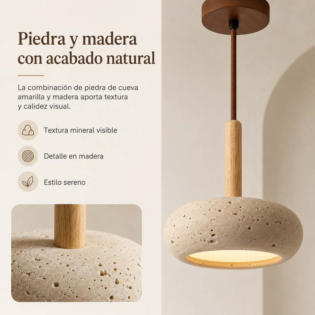 Lámpara Retro Japonesa LED | TranquilHalo | Altura de Suspensión Ajustable | Piedra de Cueva Amarilla & Madera | Ø 15cm Colgante | Max 2m Cable | Montaje Sencillo | Diseño Relajante
