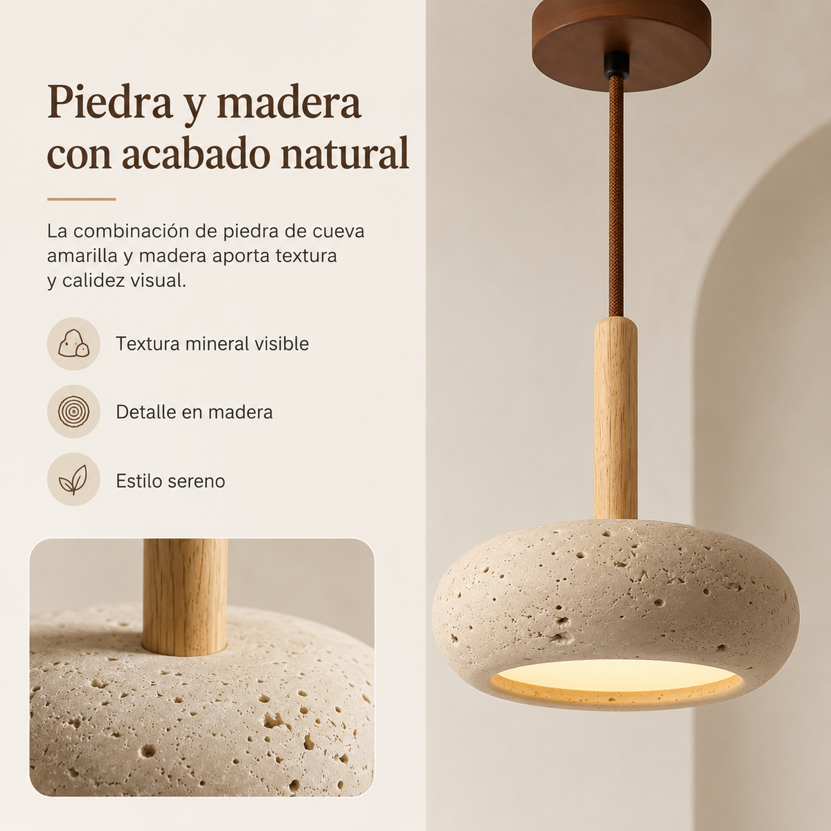 Lámpara Retro Japonesa LED | TranquilHalo | Altura de Suspensión Ajustable | Piedra de Cueva Amarilla & Madera | Ø 15cm Colgante | Max 2m Cable | Montaje Sencillo | Diseño Relajante