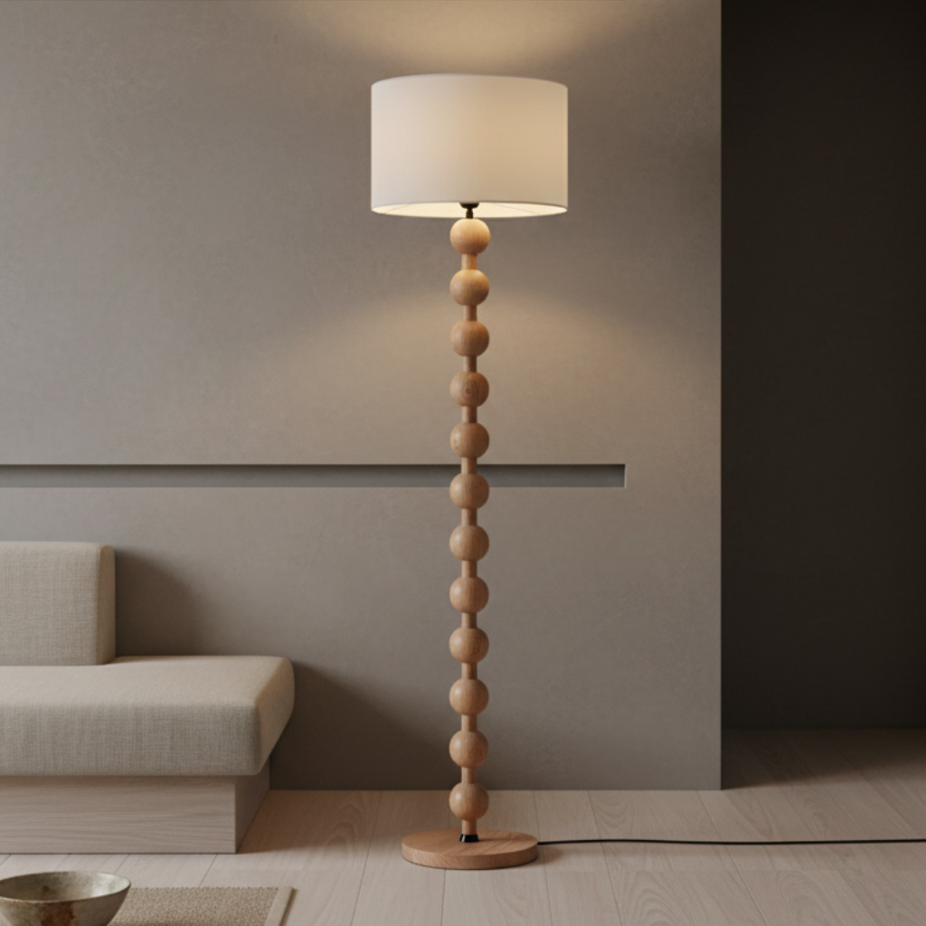 Lámpara de Pie Escultural Hugo – Luz de Piso Moderna con Esferas de Madera para Espacios de Vida
