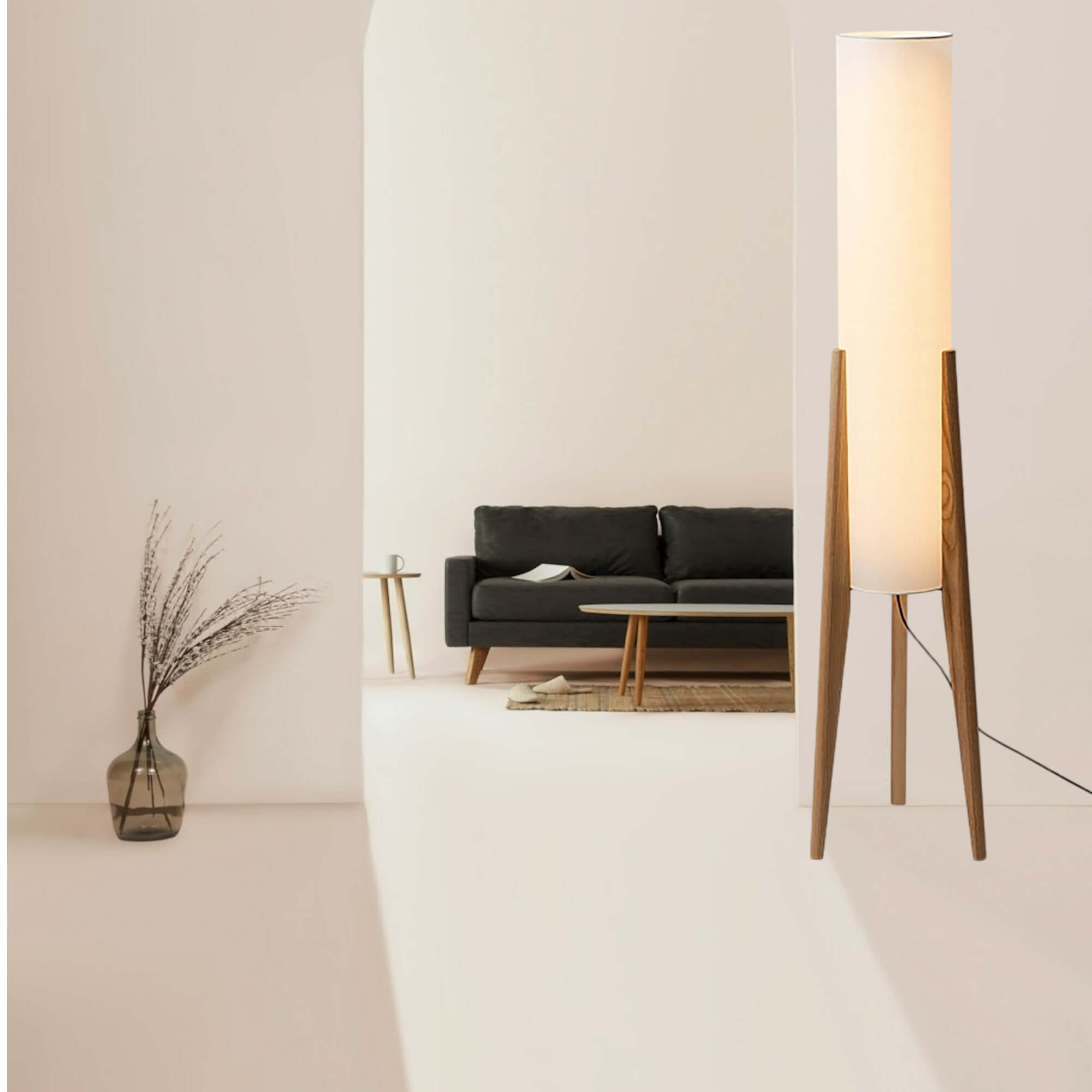 Lámpara de Pie de Madera Sólida con Pantalla de Tela