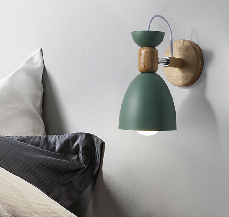 Aplique de pared Nordic Macaroon Stil 1 luz brazo de madera montaje en pared luz con pantalla de metal | Brehn