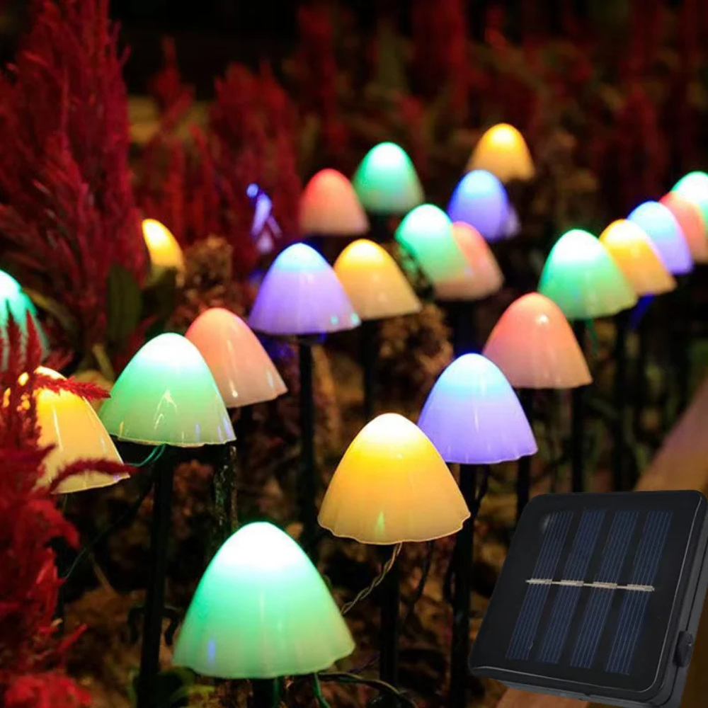 MushroomGlow | Luces de Cadena Solares Decorativas en Forma de Hongo para Decoración de Patio o Jardín
