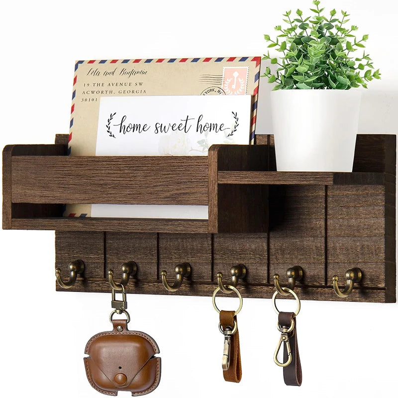 Tablero de Llaves de Madera con Estante y 6 Ganchos