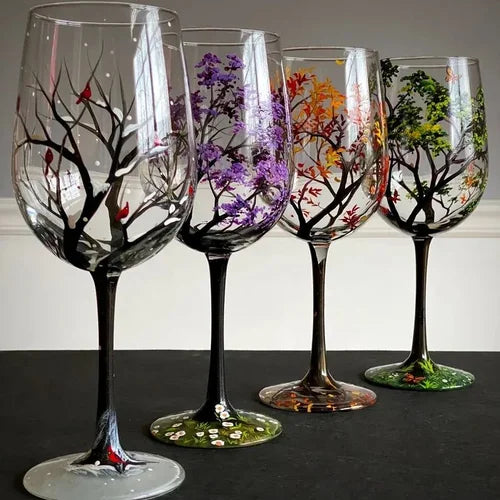 Vasos de vino Árbol de las Cuatro Estaciones - Arte pintado a mano