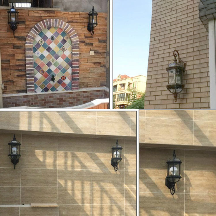 Lámpara de pared exterior hexagonal de aluminio y vidrio vintage tradicional a prueba de agua de 1 luz para jardín | Brehn