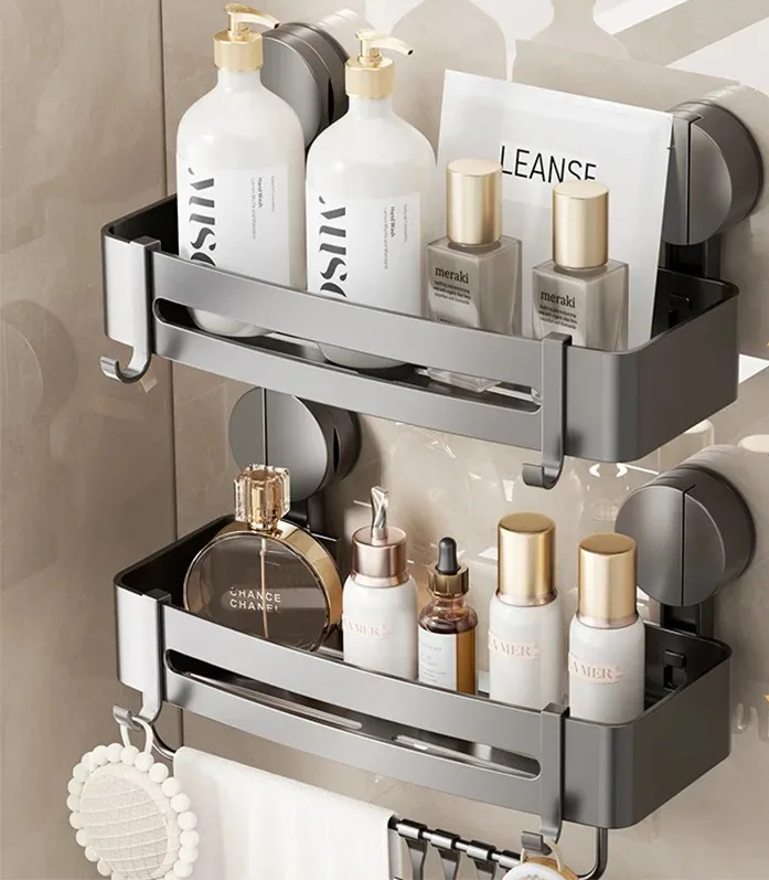 AquaGrip Estante de Ducha con Ventosas sin Perforación – Estante de Baño de Aluminio, Montaje en Esquina o Pared