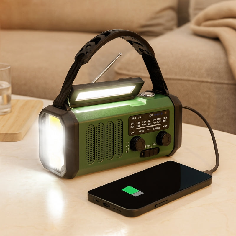 EmergencyGear – Radio de manivela solar con linterna LED y banco de energía integrado