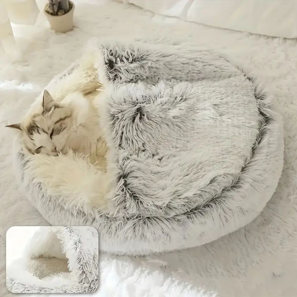 Cama para Mascotas Redonda con Capucha de Piel Sintética