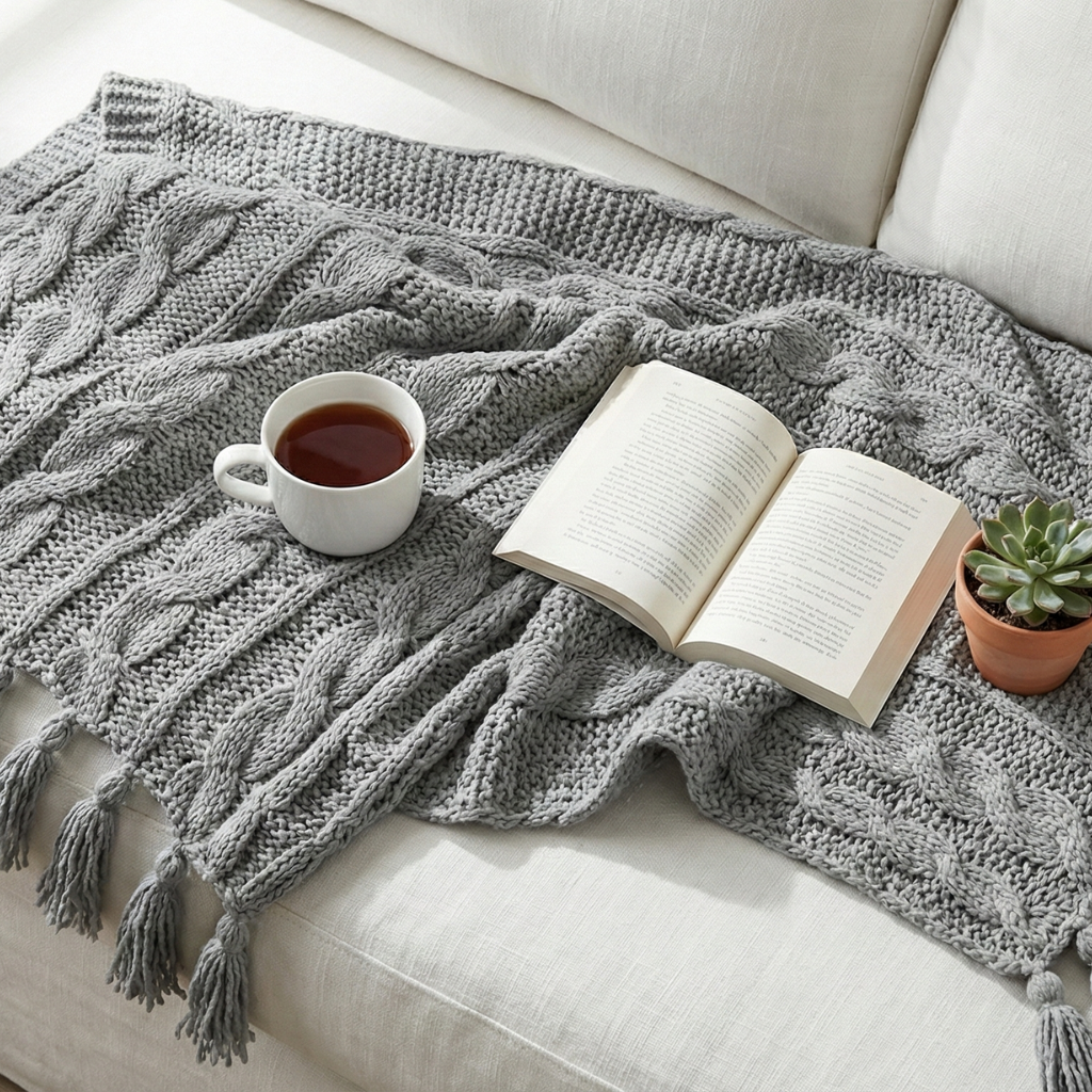 Manta de punto gris suave con bordes con flecos