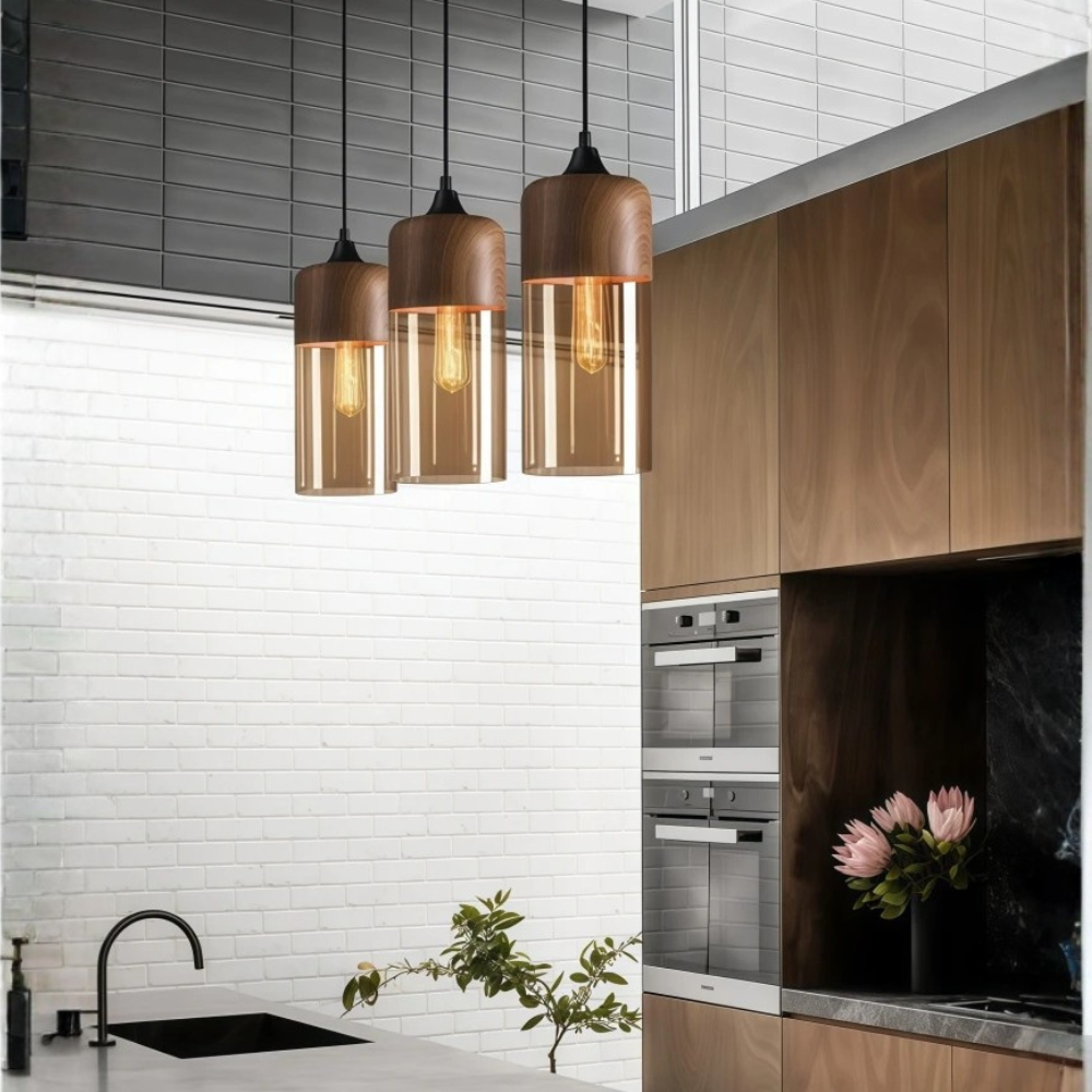 Lámpara de Techo Escandinava NordLuna - F fixture de Luz de Madera con Vidrio Tinteado, Altura Ajustable para Comedores y Espacios Habitables