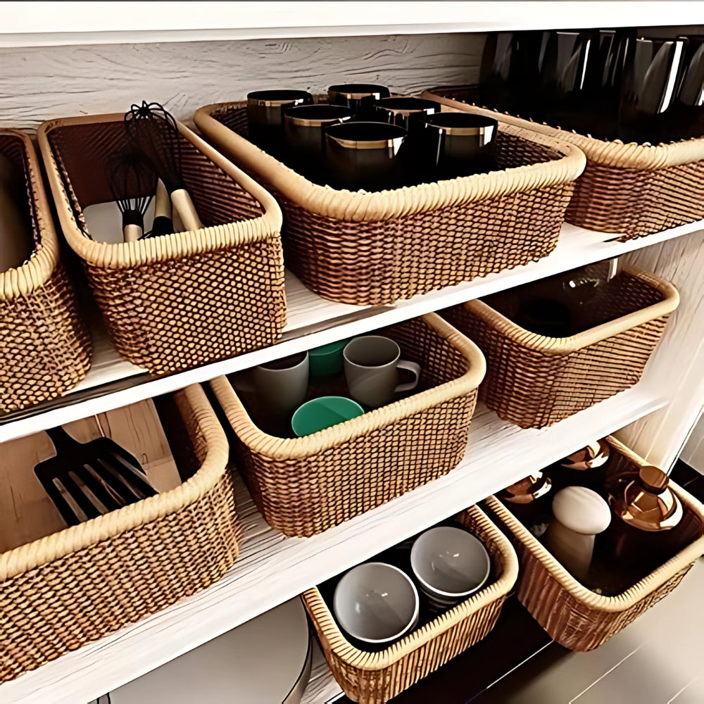 Cesta de Almacenamiento Rectangular de Ratán Artesanal