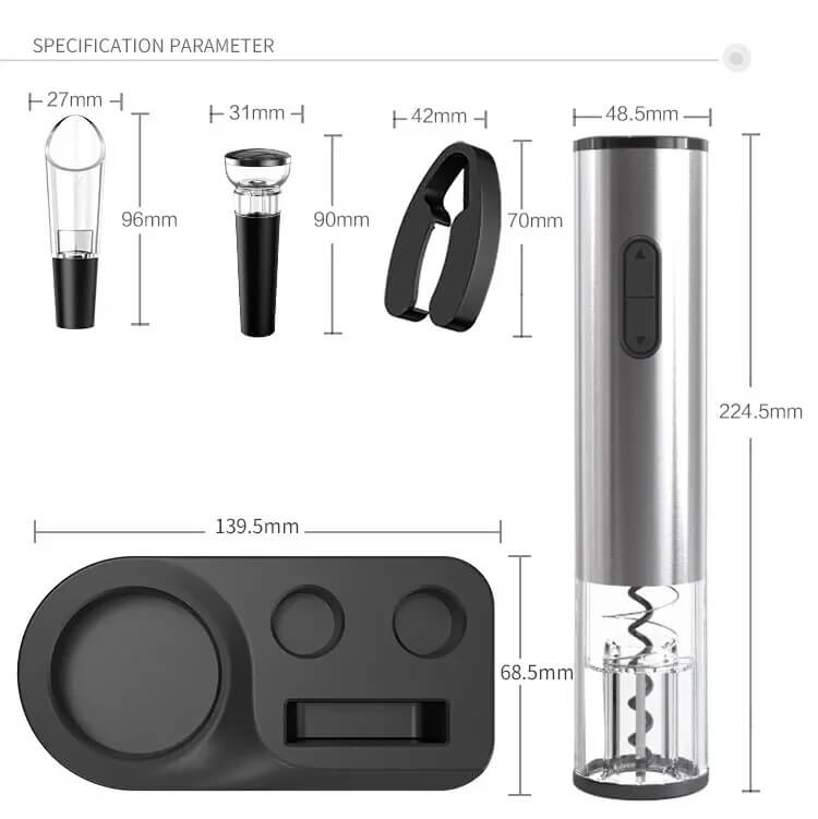 Set de Sacacorchos Eléctrico 5 en 1 con Cortador de Papel de Aluminio, Decantador y Tapón de Vacío – Sacacorchos Automático y Base de Exhibición | Regalo Perfecto para Amantes del Vino