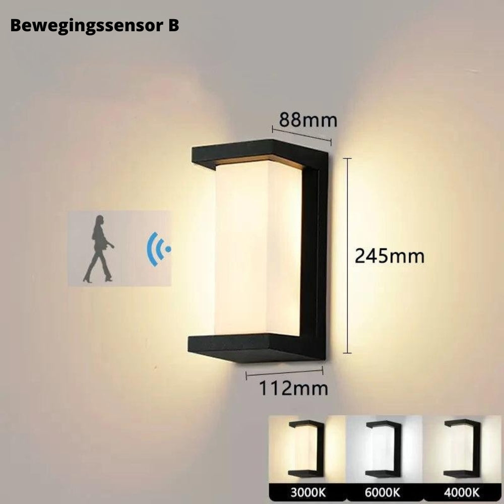LumiGlow - Lámpara de pared exterior delgada con sensor de movimiento y sistema automático de regulación de luz