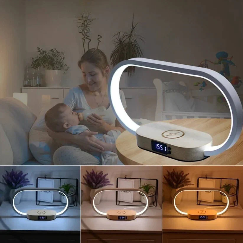 LuminaTech – Lámpara elegante con carga inalámbrica y reloj incorporado