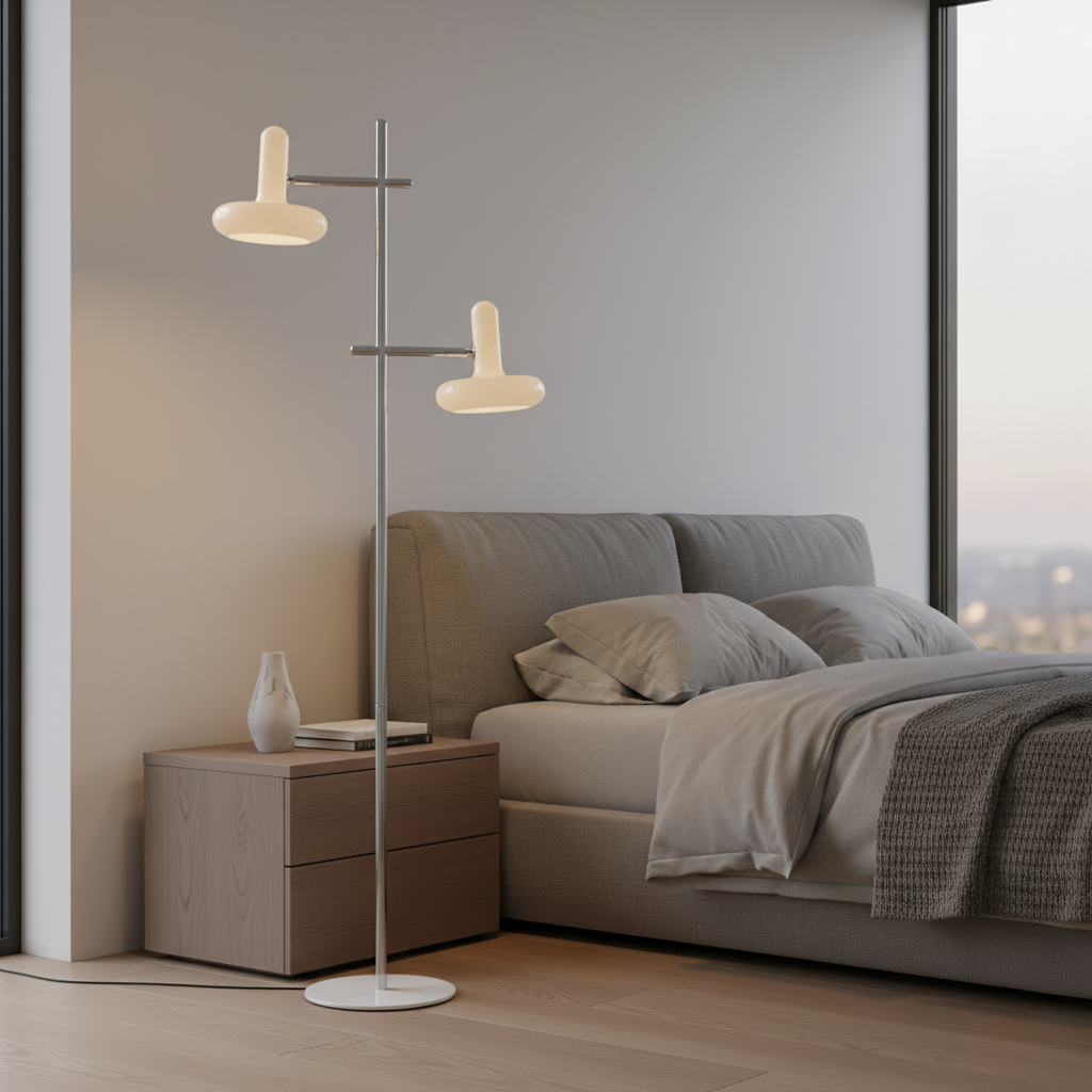 Lámpara de Pie Moderna Estilo Bauhaus con Cabezas Ajustables y Base de Vidrio