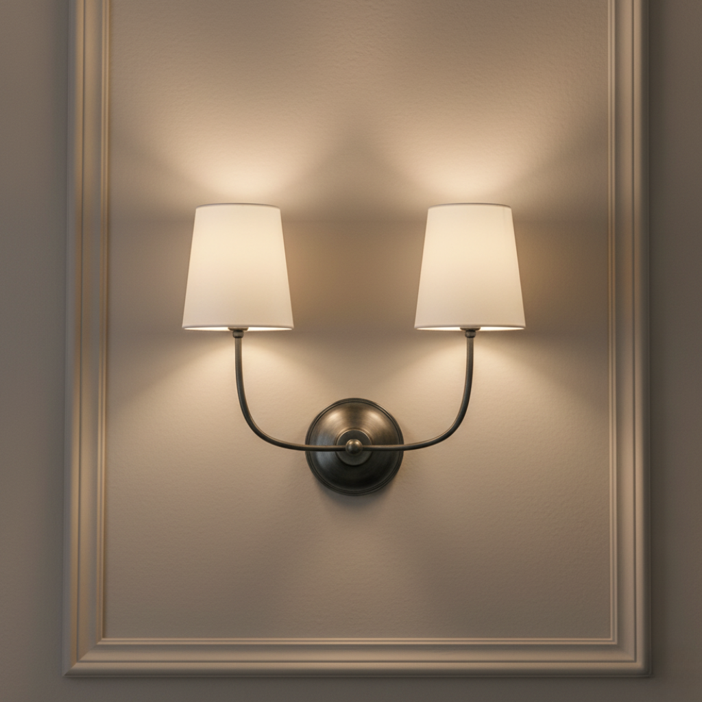 Aplique de Pared Doble Cadence con Brazos de Latón y Pantallas de Tela