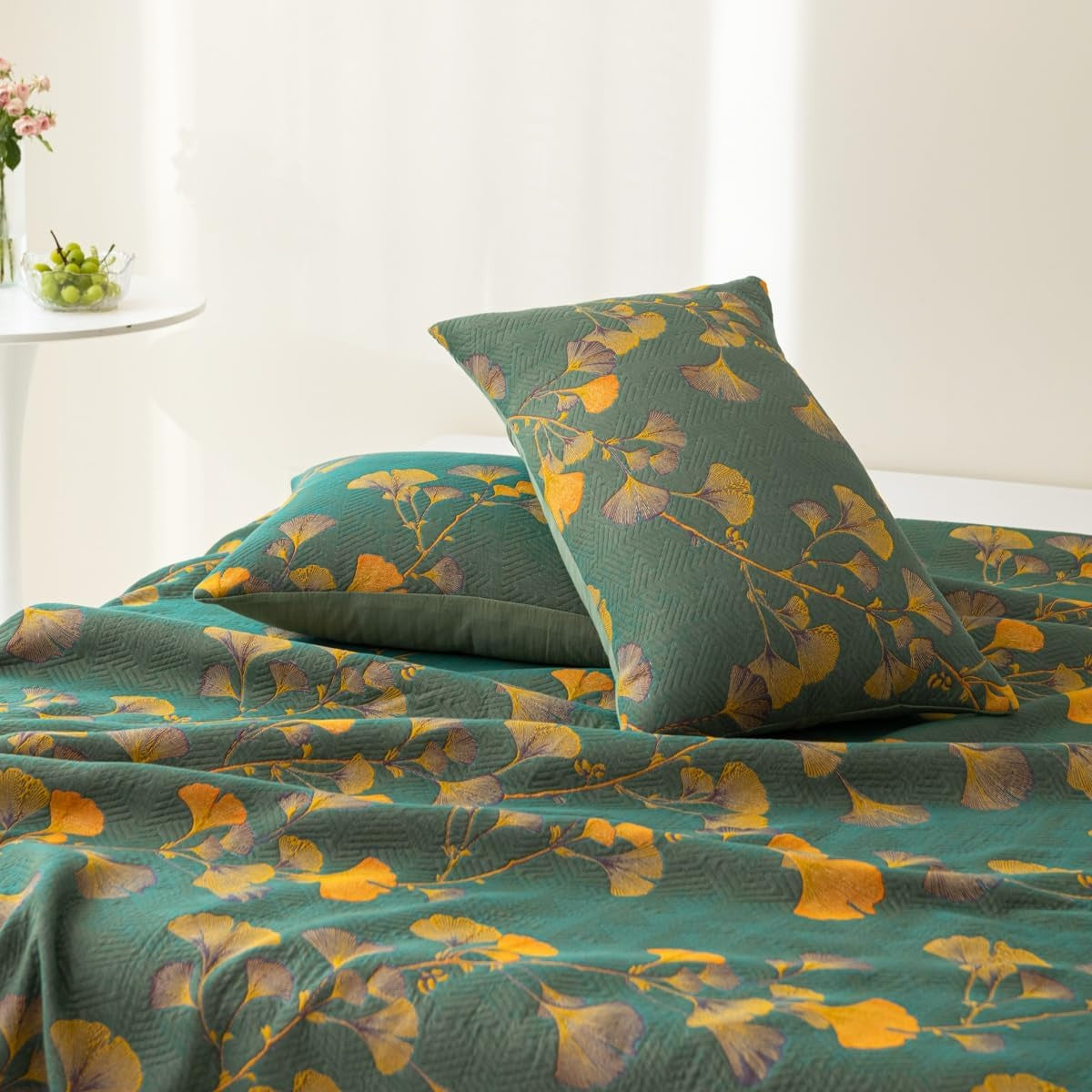 Cubrecamas Reversible de Hojas de Ginkgo Floral Jacquard