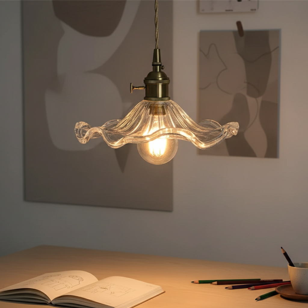 Lámpara Colgante Elegante en Forma de Pétalo - Pantalla de Vidrio Estriado y Accesorio de Latón para Iluminación de Cocina