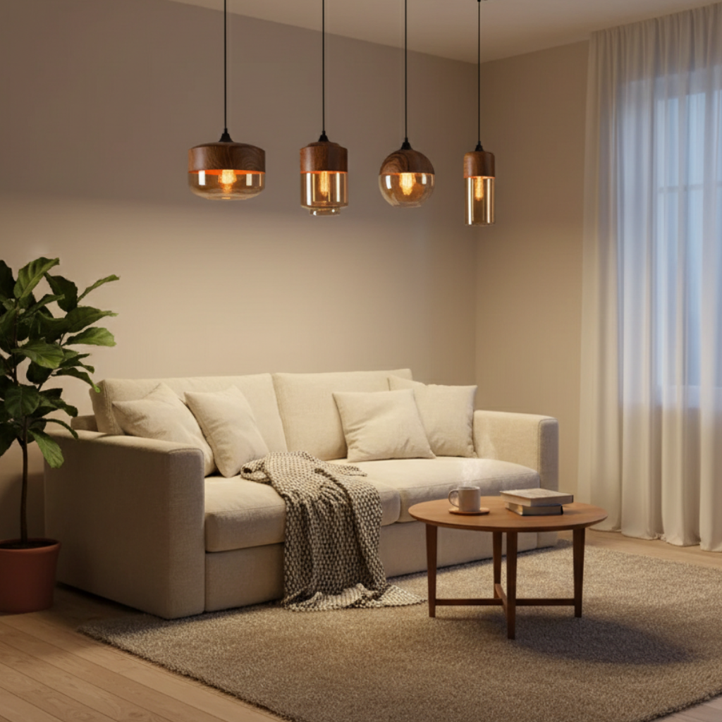 Lámpara de Techo Escandinava NordLuna - F fixture de Luz de Madera con Vidrio Tinteado, Altura Ajustable para Comedores y Espacios Habitables