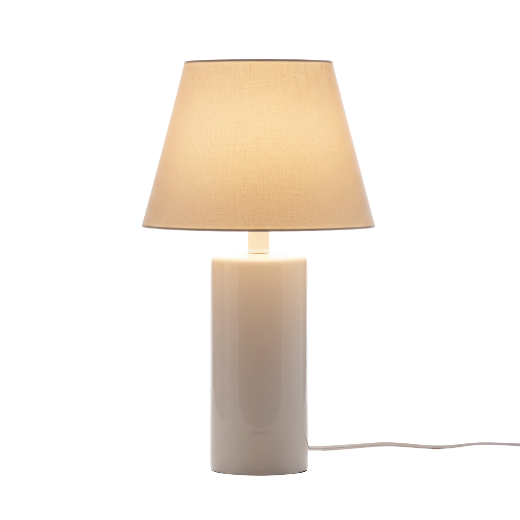 Lámpara de mesa de cerámica blanca con base cilíndrica y pantalla cónica de tela