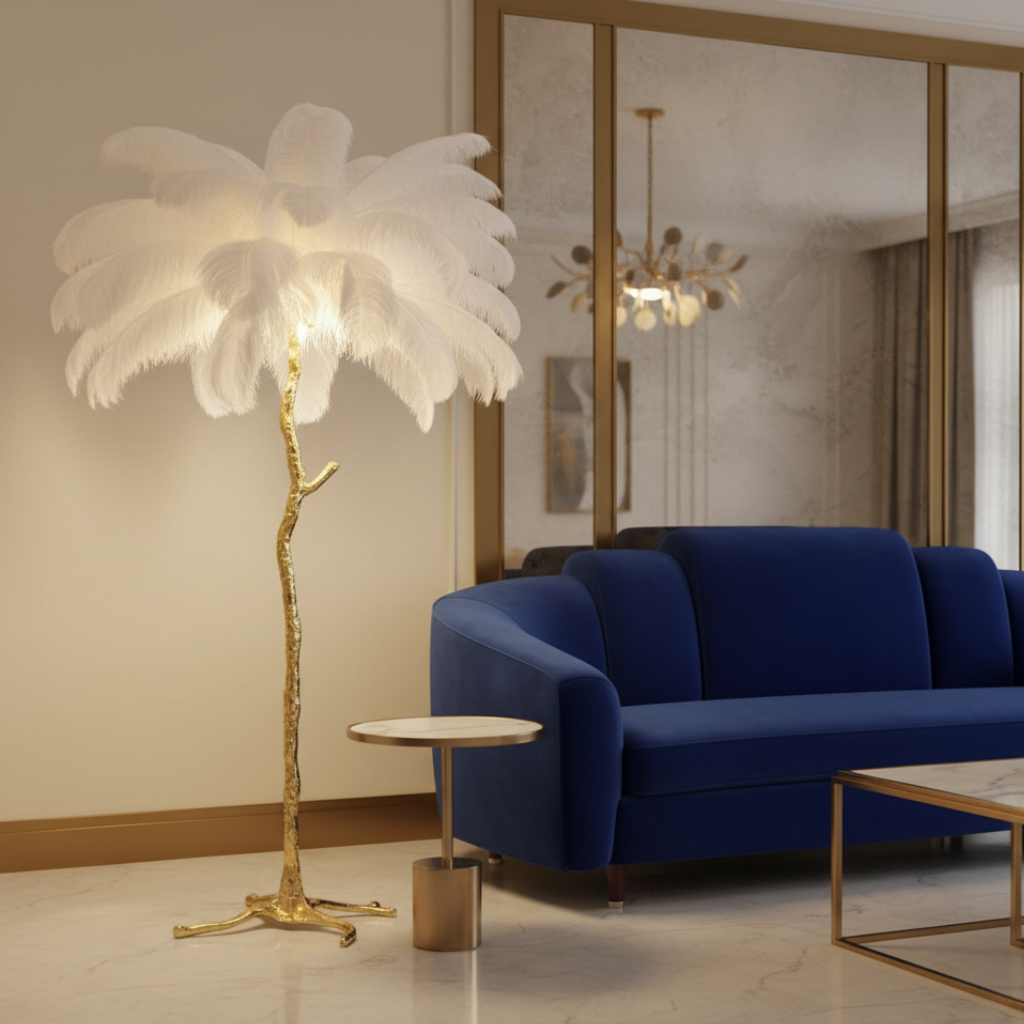 Lámpara de Pie con Pantalla de Plumas Elegante - Lámpara de Trípode Moderna para Sala de Estar