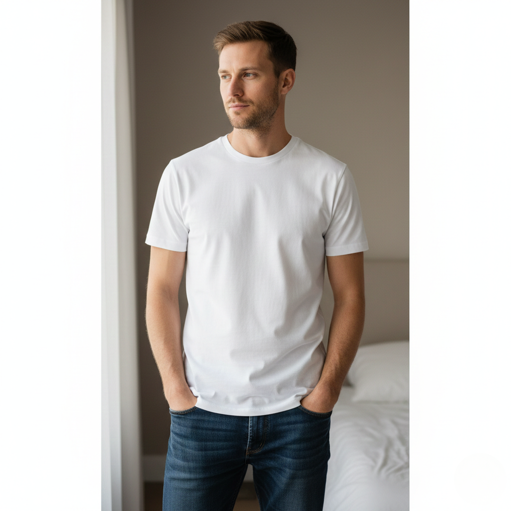 Camiseta blanca lisa de algodón con cuello redondo