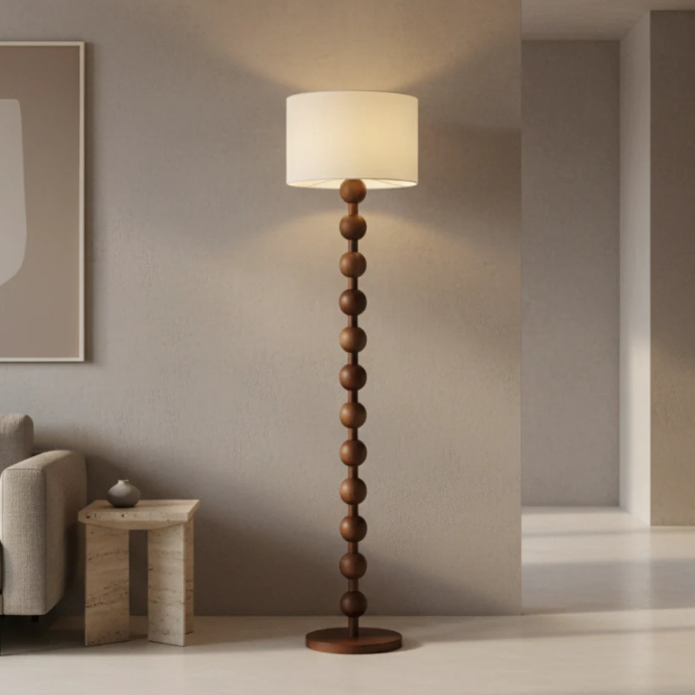 Lámpara de Pie Escultural Hugo – Luz de Piso Moderna con Esferas de Madera para Espacios de Vida
