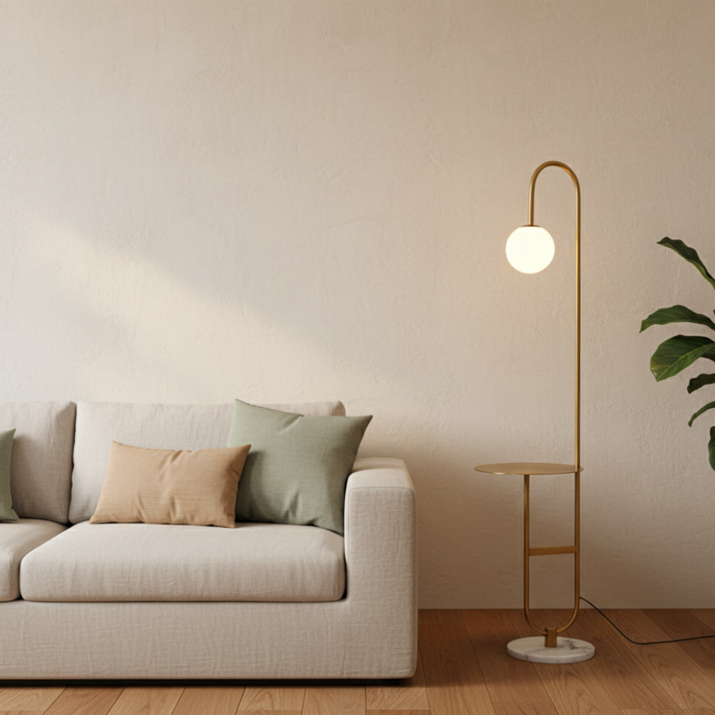 NordHalo Arc | Lámpara de Pie Escandinava Moderna y Elegante con Mesa Lateral