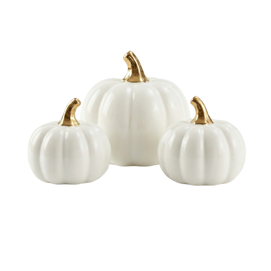 Juego de 3 calabazas decorativas de cerámica blanca