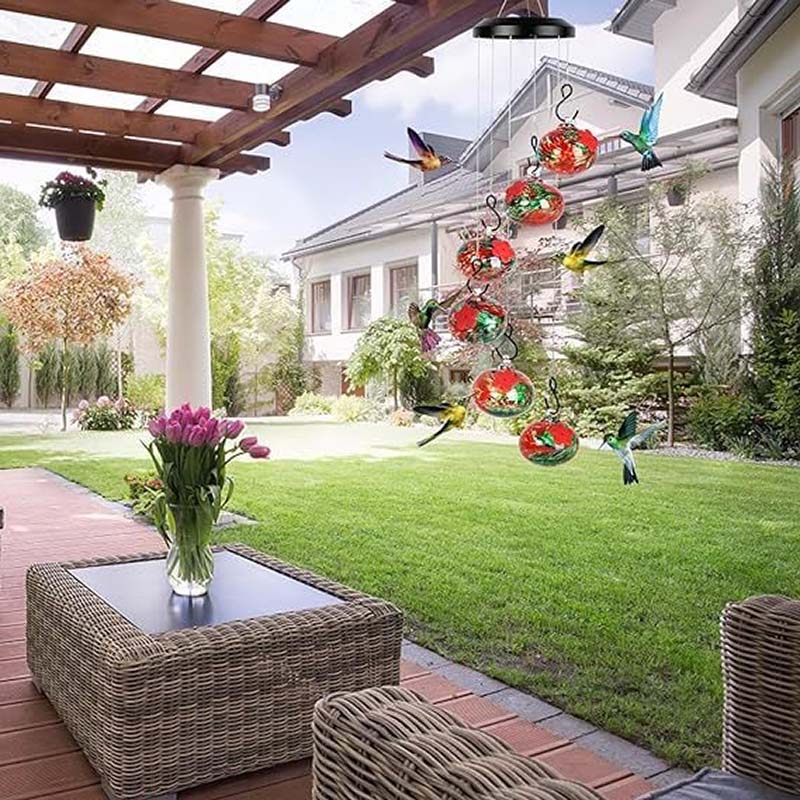 Alimentador de colibríes de vidrio soplado a mano ChimeFeeder con campanilla de viento