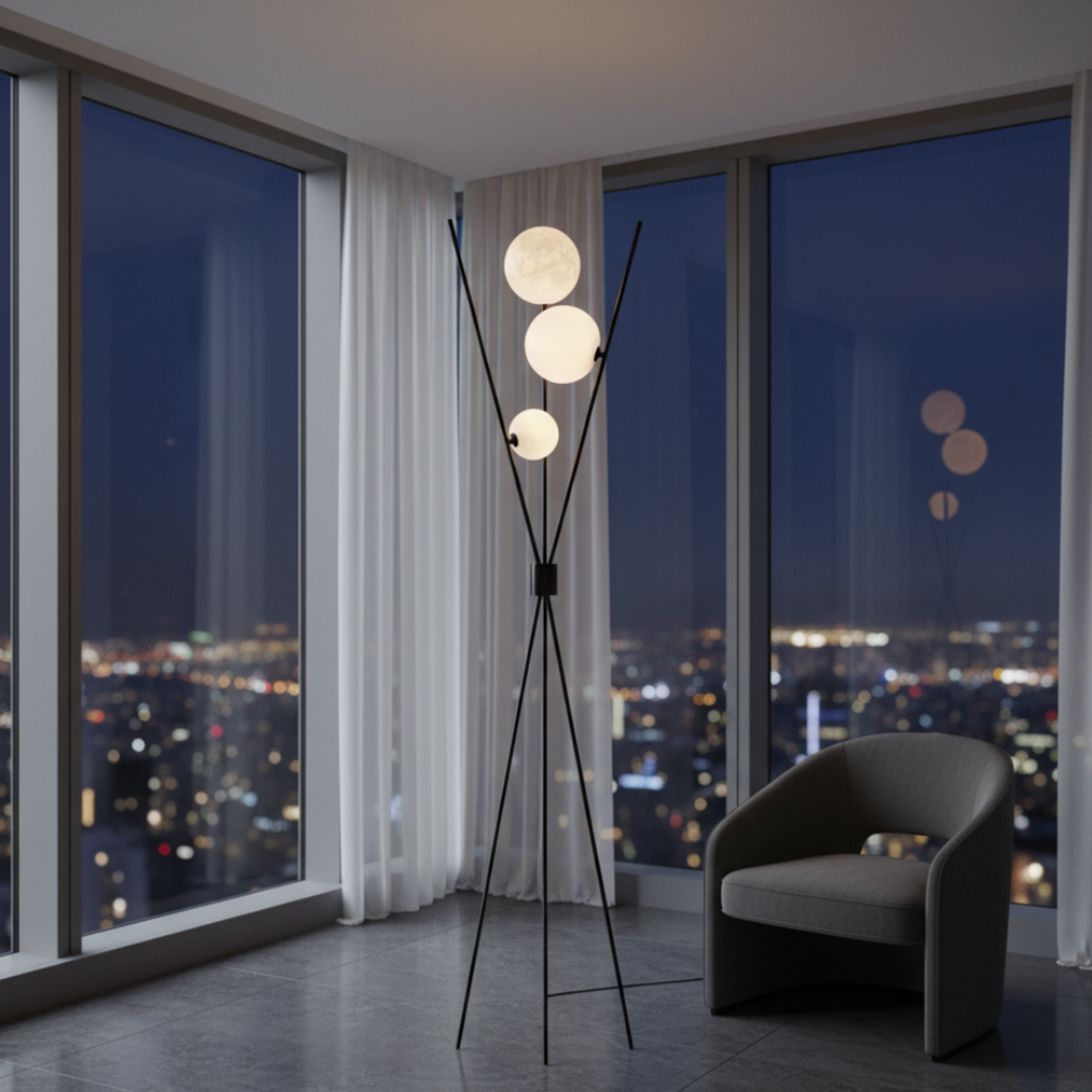 Linea Orbital | Lámpara de Mesa y Suelo LED Regulable con Diseño de Luna