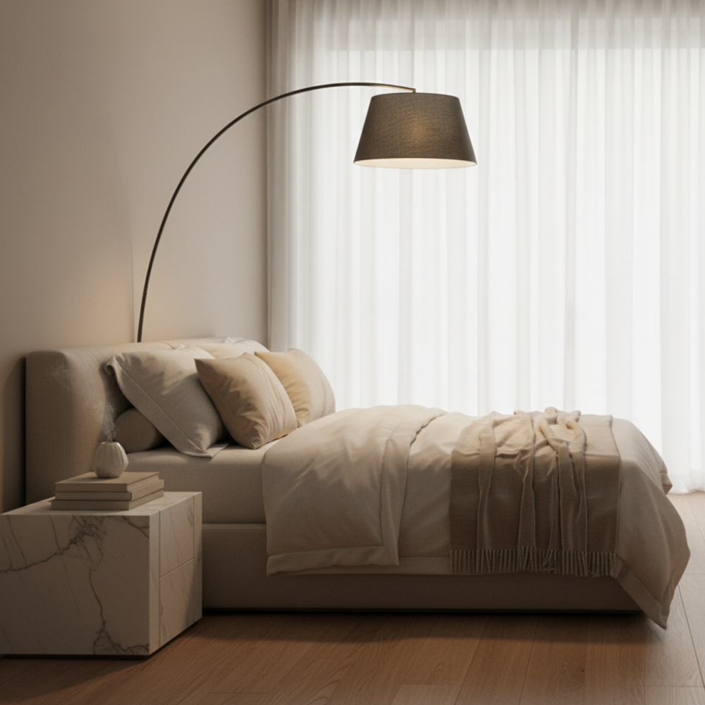 ArcoLuxe | Lámpara de pie de arco elegante y moderna con pantalla de tela para sala de estar