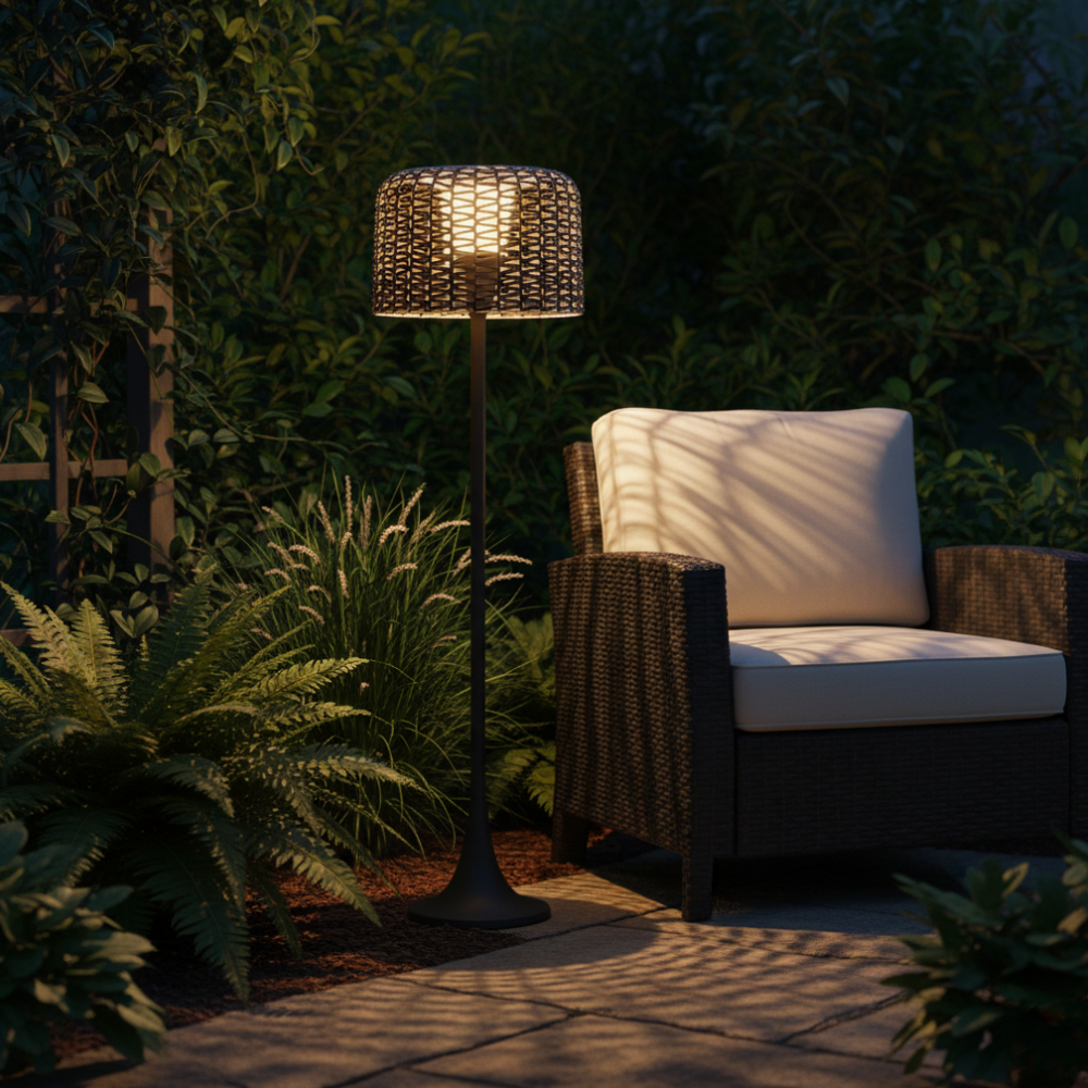 Lámpara de Suelo Solar Exterior Elegante | Luz de Jardín LED de Rattan Impermeable